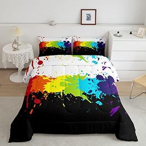 Erosebridal Rainbow Tie Dye Comforter Set Queen Size,Colorful Splash Paint Bedding Set Multicolor Grafitti Duvet Insert Luxury,Modern Abstract Art Decor for Home Dorm Room Black White,Microfiber Soft