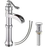 BATHLAVISH Vessel Sink Faucet Chrome Waterfall Tall Bathroom Polished Single Handle 1 Hole Lavatory Commercial Vanity Mixer Tap with Pop Up Drain Without Overflow Supply Line