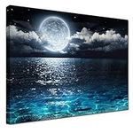 Hai dou ya Blue Moon Canvas Wall Art Painting - Wall Decor Modern Ocean Landscape Pictures Room Decoration Print Poster Artwork for Living Room Bathroom Home Decorative Framed Ready to Hang 12x16inch