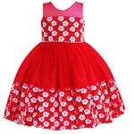 Stanwells Kids Baby Girls Silk Birthday Colourful Frock Ruffle Pattern Beautiful Flower Embroidery Casual Sleeveless Sleeveless Dress Knee Length Frock Red Colour(7-8 Years)