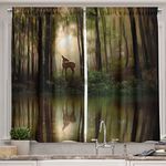 Ambesonne Nature Long Kitchen Curtains, Baby Deer in The Forest with Reflection on Lake Foggy Woodland Graphic, Two Panels Drapes with Rod Pocket Room Decor, 55" x 45", Green Cocoa