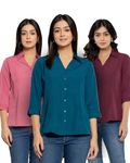 Aany's Culture Women's Shirt for Casual Wear | Spread Collar | Long Sleeve | Regular Fit | Button Closure | Shirt Crafted with Comfort Fit for Everyday Wear Option | Pack of 3 - Blue-Wine-Pink-S