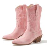 LIPIJIXI Embroider Cowboy Boots for Women Stacked Heel Wide Calf Cowgirl Boots Retro Pink Western Boots Round Toe Floral Mid Calf Boots Size 9