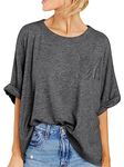 Famulily Women Tee Shirts for Summer Short Bawting Sleeve Folded Cuff Round Neck Plain T-Shirts Lightweight Pullover Baggy Casual Tops Gray L