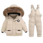 Toddler Snow Suit Winter Baby Two Piece Puffer Down Jacket Coat with Snow Bib Pants Boys Girls Ski Suit Clothing White 18-24 Months