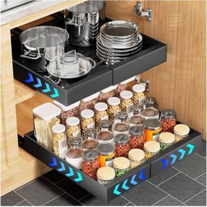 Pull Out Cabinet Organizer,1 Pack Expandable(12.6''-20.5'') Pull Out Drawers for Cabinets, Slide Out Cabinet Organizers with Adhesive Nano Film for Kitchen Cabinet Organization(Black)