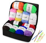 Ilauke 12 x 50 g Acrylic Knitting Yarn Kit, Super Soft Acrylic Yarn for Hand Weaving with 2 Hooks, 2 Needles, 8 Marker Pins and a Reusable Storage Bag