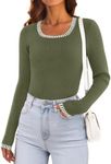 MEROKEETY Women's Long Sleeve Ribbed Knit Bodysuits Scoop Neck Slimming Fit Fall Trendy Sweater Tops, ArmyGreen, Small