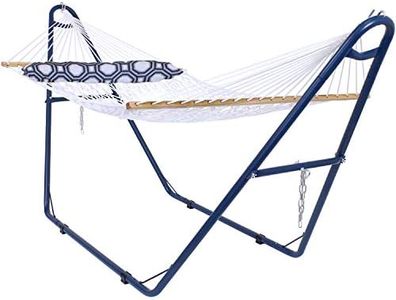 Sunnydaze Rope Hammock with Pillow and Universal Steel Stand - 450-Pound Capacity - Blue Stand - Navy and Gray Octagon