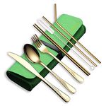 HOMQUEN Portable Utensils,Travel Camping Flatware Set,Stainless Steel Silverware Set,Include Knive/Fork/Spoon/Chopsticks/Straws/Brush/Portable Case(Gold-8 Piece)