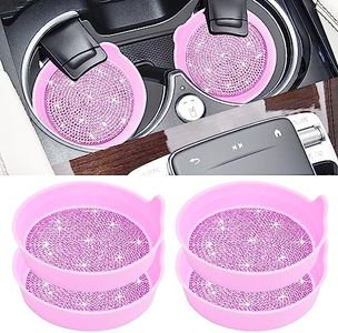 Amooca Car Cup Coaster Universal Non-Slip Cup Holders Bling Crystal Rhinestone Car Interior Accessories 4 Pack Pink Whole Rhinestone