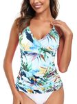 RELLECIGA Women's Leaf Print V Neckline Ruched Tankini Top Swimsuits Size Large