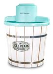 Nostalgia Electric Ice Cream Maker – Wood Bucket Parlor Style, Old Fashioned Soft Serve Ice Cream Machine Makes Frozen Yogurt or Gelato in Minutes - Fun Kitchen Appliance – White & Aqua - 4 Quart