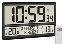 TFA Dostmann Digital XL Wall, 60.4521.01, with Outdoor, Indoor Temperature, Day of The Week (8 Languages), Radio-Controlled Clock, Date, Black, (L) 360 x (B) 235 x (H) 28 (84) mm