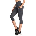 SIMIYA Womens Sports Leggings High Waist Fitness Capris Running Tights with Pockets 3/4 Length Slim Fit Cropped Yoga Pants Power Stretch Gym Trousers (Capris-Grey,S)