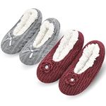 Womens Thick & Warm Slipper Socks with Grippers - House Socks(Wine&Gray,2 Pairs,8-10)