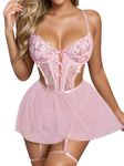 Aphrotiny Sexy Lingerie for Women,Lace Babydoll Dress Push Up Mesh Lingerie Bodysuit Set with Garter Belt Bridal Lingerie Pink