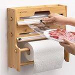 Navaris 3 in 1 Cling Film Dispenser with Cutter - Space Saving Kitchen Roll Storage and Foil Organiser - Bamboo Tin Foil and Clingfilm Holder with Utensil Area - Wall Mount Option