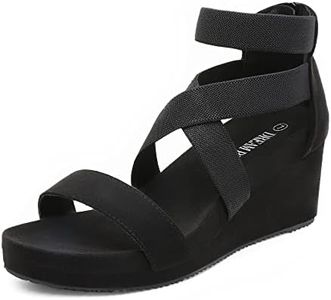 DREAM PAIRS Womens Elastic Ankle Strap Open Toe Platform Wedge Sandals Comfortable Summer Shoes,Size 5.5,Black/3,NINI