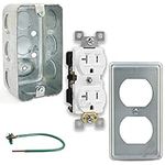 Outlet Box Kit, 2x4'' Utility Electrical Box, Tamper Resistant 20 Amp Duplex Receptacle Outlet, Duplex Receptacle 2x4'' Cover, Green Pigtail Grounding Wire and Screw, Ten 1/2'' Knockouts