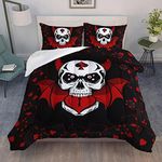 AILONEN Skull Comforter Set Full Size, Demon Black Red Theme Poker Skull Bedding Decorative,Halloween Bedroom Decor Skeleton Bones Quilt Set 3Pcs(1 Comforter + 2 Pillowcases)