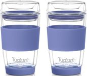 Tupkee Double Wall Glass Tumbler - 8-Ounce, All Glass Reusable Insulated Tea/Coffee Mug & Lid, Hand Blown Glass Travel Mug - Jacaranda - 2 Pack