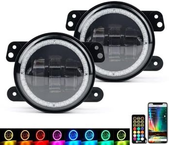 Xprite 4" LED Bluetooth Fog Light w/RGB Halo Angel Ring for 2007-2018 Jeep Wrangler JK, 60W CREE LED Chip