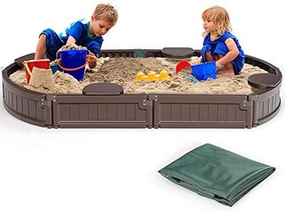 Costzon Kids Sandbox with Cover, HDPE Child Sand Pit w/Detachable Built-in Seating & Bottom Liner for Backyard Lawn Garden Beach, Outdoor Sand Box for Kids Age 3+ (Elliptical)