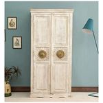JAE Furniture Wooden Wardrobe for Clothes | Solid Wood 2 Door Almirah | Almirah Wooden Living Room | Bedroom, Office Storage | Distress White Finish