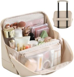 tianzong Travel Makeup Bag with Magnetic Fold-Down Flap, Waterproof Leather Cosmetic and Toiletry Organizer for Women, Multi-Zone Standing Storage, Cream, X-Large