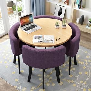 WOOOFA Round Dining Table Set for 4, Faux Marble Conference Table and Chairs Set, Kitchen Table Chairs Set with Strong Metal Frame, Space-Saving, Office Table and Chair Set for Home and Apartment