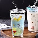 Cloudsell Glass Coffee Cups & Mug with Lid and Straw Coffee Tumbler Mug, Travel Mug, Drinking Glass, Glass Sipper, Mason jar, Can Sipper (Long Printed Mug, Set of 2)