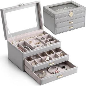 Vlando Jewelry Box for Women,Thanksgiving Christmas New Year Gifts, Faux Leather Large-Capacity Jewelry Organizer,Jewelry Boxes for Girls Gifts Earrings, Necklace, Bracelet Grey, Clear Lid