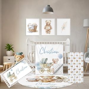 Terwex Personalized Toddler Bedding Set, 5 Pcs Custom Name Crib Bedding Set for Girls Boys, Blue Bear Flannel Baby Crib Bedding Set, Double Layer Baby Crib Set, Customized Gifts for Infants Toddlers
