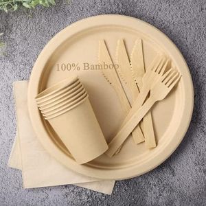 Lekoch 25 Guests Disposable 100% Bamboo Pulp 10inch Plates, Cutlery, Paper Napkins, Cups Party Set, Biodegradable Disposable Bamboo Pulp Dinnerware Set