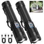 Rechargeable Flashlight 200000 Lumens, 2 Pack Super Bright LED Flashlight Camping, Brightest Flash Light with ΒATTERY & USB Cable, 5 Modes, Zoomable, IPX6 Waterproof Flashlight for Emergency Camping