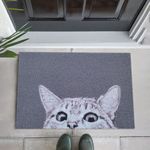 W&M Welcome Door Mat Cute Kitty Waterproof Entrance Entry Doormat for Indoor Outdoor Washable Front Porch Rug with Non Slip Rubber Back Low Profile Floor Easy Clean-Welcome Cat Design-Grey(48"X32")