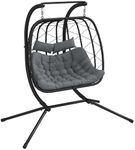 Outsunny Outdoor PE Rattan 2 Seaters Swing Chair with Thick Padded Cushion, Patio Hanging Egg Chair with Metal Stand, Headrest, for Indoor and Outdoor, Black