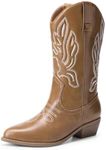 DREAM PAIRS Women's Cowboy Boots Mid Calf Cowgirl Boots Embroidery Stitched Western Boots,Size 6,Light Brown-Pu,DWUMMB2419