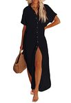 Pink Queen Women's Short Sleeve Button Down Side Slit Maxi Long Swimsuit Cover Up Blouse Dress with Belt, Black, Large