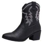 ANUFER Women's Mid Calf Cowboy Boots Embroidered Block Heel Side Zipper Western Shoes SN079163D Black UK9.5