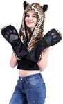 TopTie Faux Fur Hat Scarf Full Pockets Ear Flat Cap Hoodie Furry Mittens Winter Skiing Party Costume-Cheetah