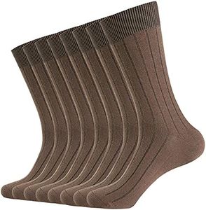 WANDER Mens Dress Socks 8 Pairs Classic Rib Cotton Solid Premium Socks 7-12/13-15 (8 Pairs Brown, 7-12)