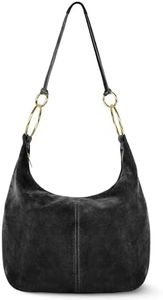 Italian Genuine Suede Hobo Bag for Women with Zippered Closure and Ring Handle Hardware | Large Shoulder Handbag (Black)