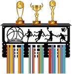 CREATCABIN Basketball Medal Holder Trophy Shelf Medal Hanger Display with Shelf Stand Sports 4 Rows Wall Mount Hold 70+ Medals for Men Gymnastics Soccer Running Swimming Awards Rack 15.7 x 7.9 Inch