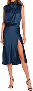 PRETTYGARDEN Women Summer Formal Mock Neck Sleeveless Satin Dress Elastic Waist Slit Midi Wedding Guest Dresses 2023, Solid Dark Blue, Small