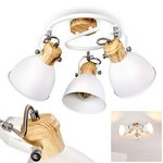 Ceiling Light Banjul, Round Ceiling Light Made of Metal in White/Wood Optic, 3-Flame, with Adjustable spotlights, 3 x E27 Socket, Spiral in Retro/Vintage Design, Without Bulbs