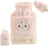 Nozibye 1L Hot Water Bottle with Plush Cover – Mini Hand Warmer for Kids & Adults, Hot & Cold Therapy with Pocket Design (Pink Bunny)