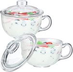 PrimeWorld Transparent Set of 2 pcs Glass Bowl with Lid and Handle, Microwave Safe Glass Soup Bowl Mixing Glass Pot Transparent Cooking Cereal Bowls Breakfast Bowls for Noodles Soup Cereals Fruits