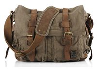 Sechunk Unisex Vintage Military Leather Canvas Laptop Bag Messenger Bags Medium (Green)